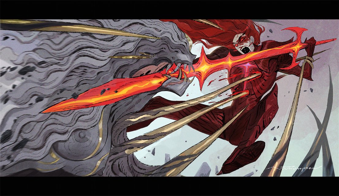 a red warrior with a glowing red sword attacks a grey, beast like creature with sharp claws and teeth. the beast is being impaled with a golden sword. the background of the image is a light grey color, with the two figures taking up the majority of the space. the image appears to be digitally created, and there is a signature of the artist in the bottom right corner.