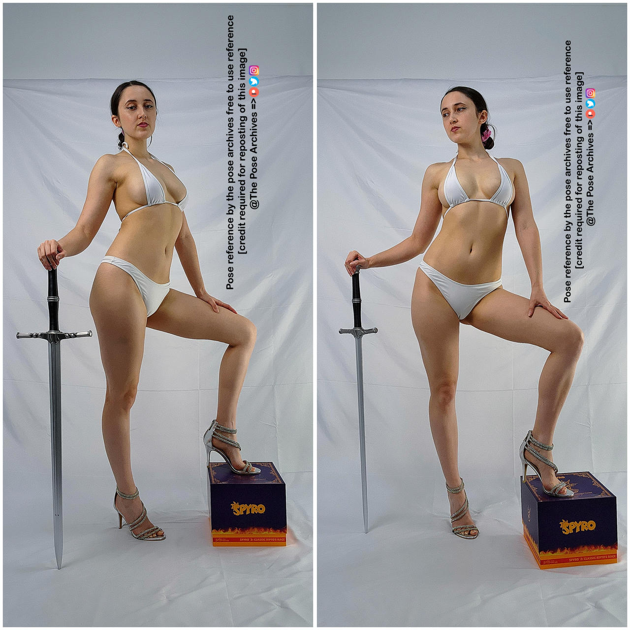 a woman in a white bikini and high heels poses with a sword, her left foot resting on a box. the image is a diptych, with the same pose mirrored on both sides. the background is white, and the lighting is bright and even, typical of a studio setting. the image includes text indicating it's intended as a pose reference for artists.