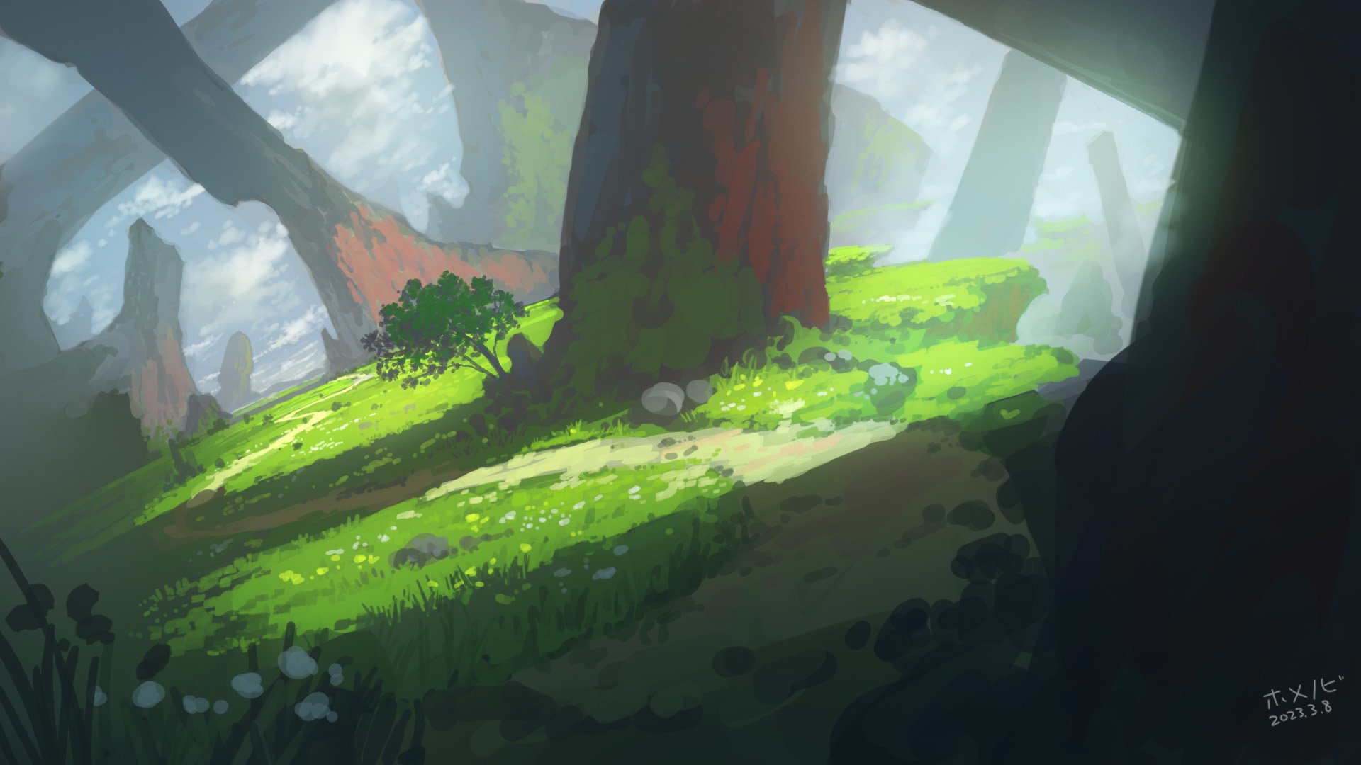 the image is a digital painting of a fantasy landscape. the scene is dominated by a lush green meadow with a path winding through it. towering, oddly shaped rocks and trees form a natural archway above the meadow, creating a sense of enclosure and mystery. the sky is visible through the gaps in the rock formations, with clouds suggesting a peaceful, serene atmosphere. sunlight streams into the meadow, illuminating the grass and casting shadows on the ground. the overall style is painterly and evocative, with a focus on mood and atmosphere. the artwork has a signature and date in the bottom right corner.