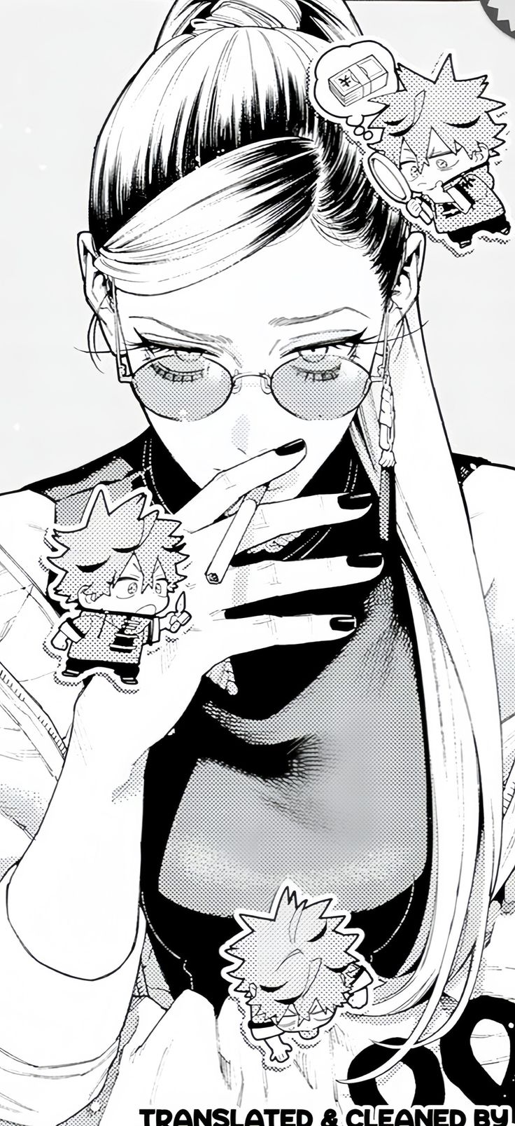 a woman with long blonde hair is wearing sunglasses and a stylish outfit. she is smoking a cigarette and her hand is resting on her chin. there are smaller anime characters around her.