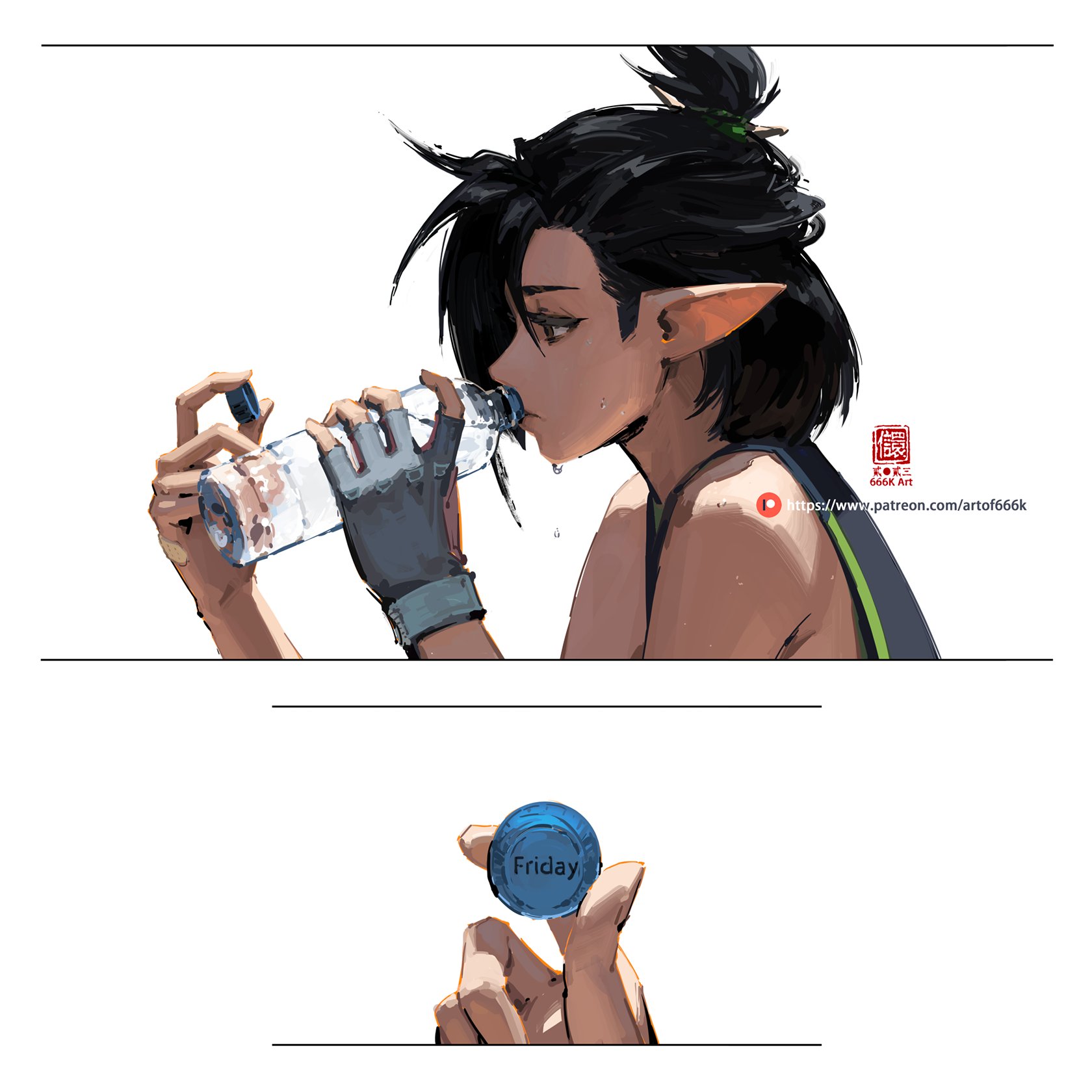the image is a digital painting or illustration featuring an animestyle female character with elflike ears.  she has dark hair styled in a high ponytail and is depicted drinking water from a clear plastic bottle. she appears athletic, possibly after a workout, as sweat is visible on her face.  the art style is loose and painterly.  the bottom portion of the image shows a closeup of a hand holding a bottle cap with the word "friday" on it.  a watermark with the artist's name and patreon link is included in the top section. the overall mood is one of casual relaxation after exertion.