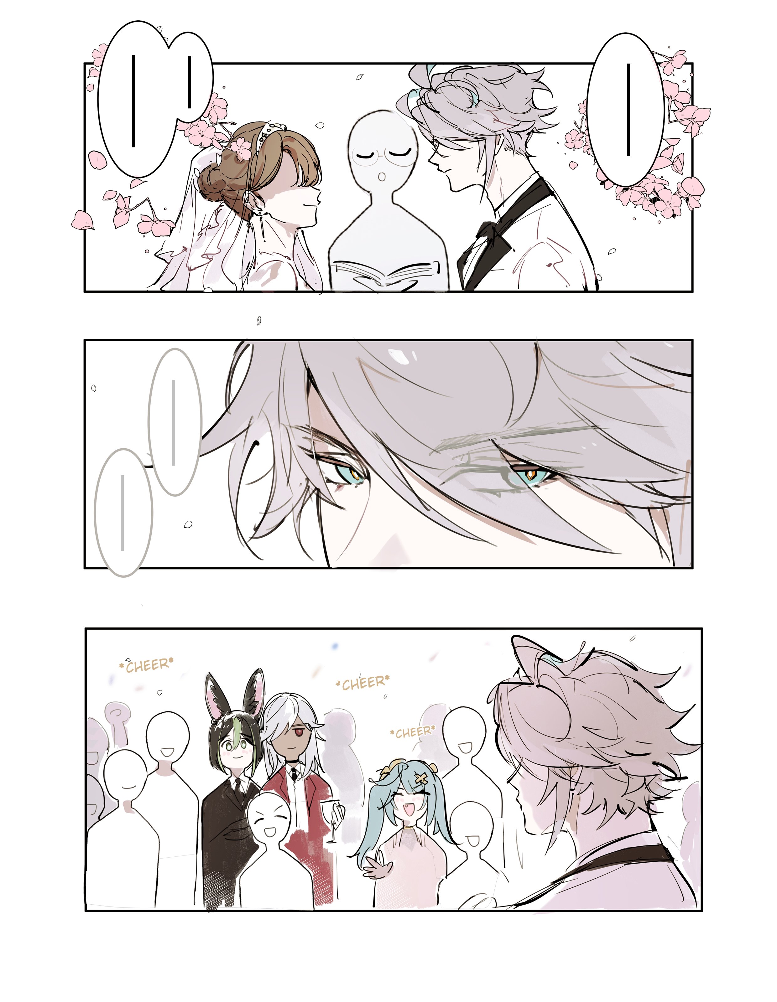the image is a comicstyle illustration depicting a wedding ceremony.  the top panel shows the bride and groom getting ready to exchange vows, with the bride in a white wedding dress and the groom in a black tuxedo. the middle panel shows a closeup of the groom's face, with a look of love and devotion. the bottom panel shows the wedding party celebrating, with people cheering and having a good time. the overall tone of the image is one of joy and celebration.