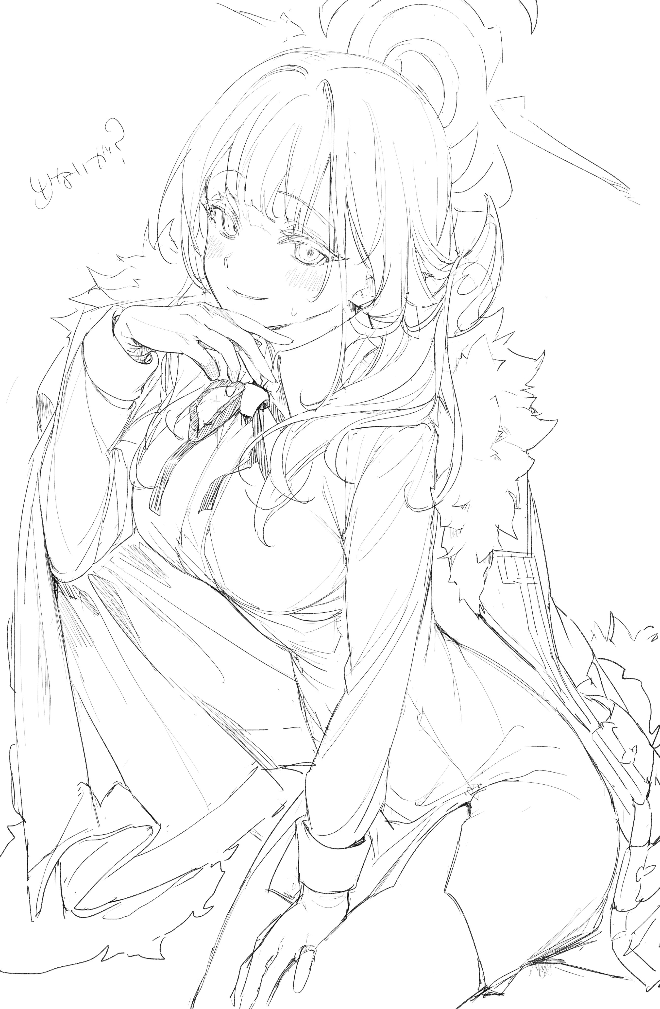 a black and white sketch of an animestyle girl sitting. she has long hair styled in a ponytail, and is wearing a dress with a fur collar and a ribbon.  she has a happy expression with a slight blush. the style is light and sketchy, typical of concept art or preliminary character design.  there is some japanese text visible near her head.