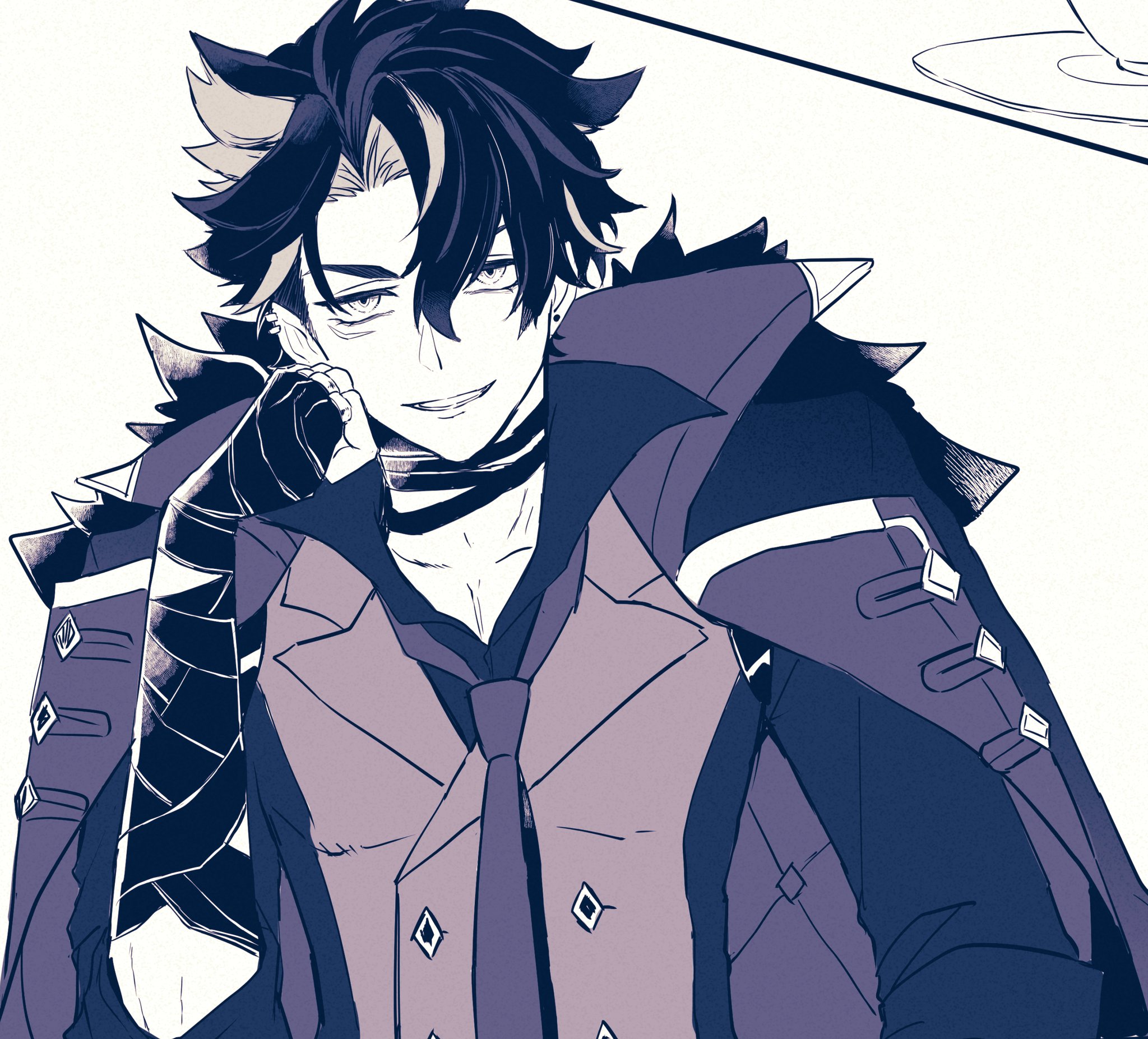 this is an illustration of an anime character. he is a male character with black hair and a purple jacket. he is wearing a white shirt and a black tie. he has his hand on his face, and he is smiling. the image is in a style that is common in anime and manga. the background is a light, muted blue, and the character is drawn with a lot of detail.