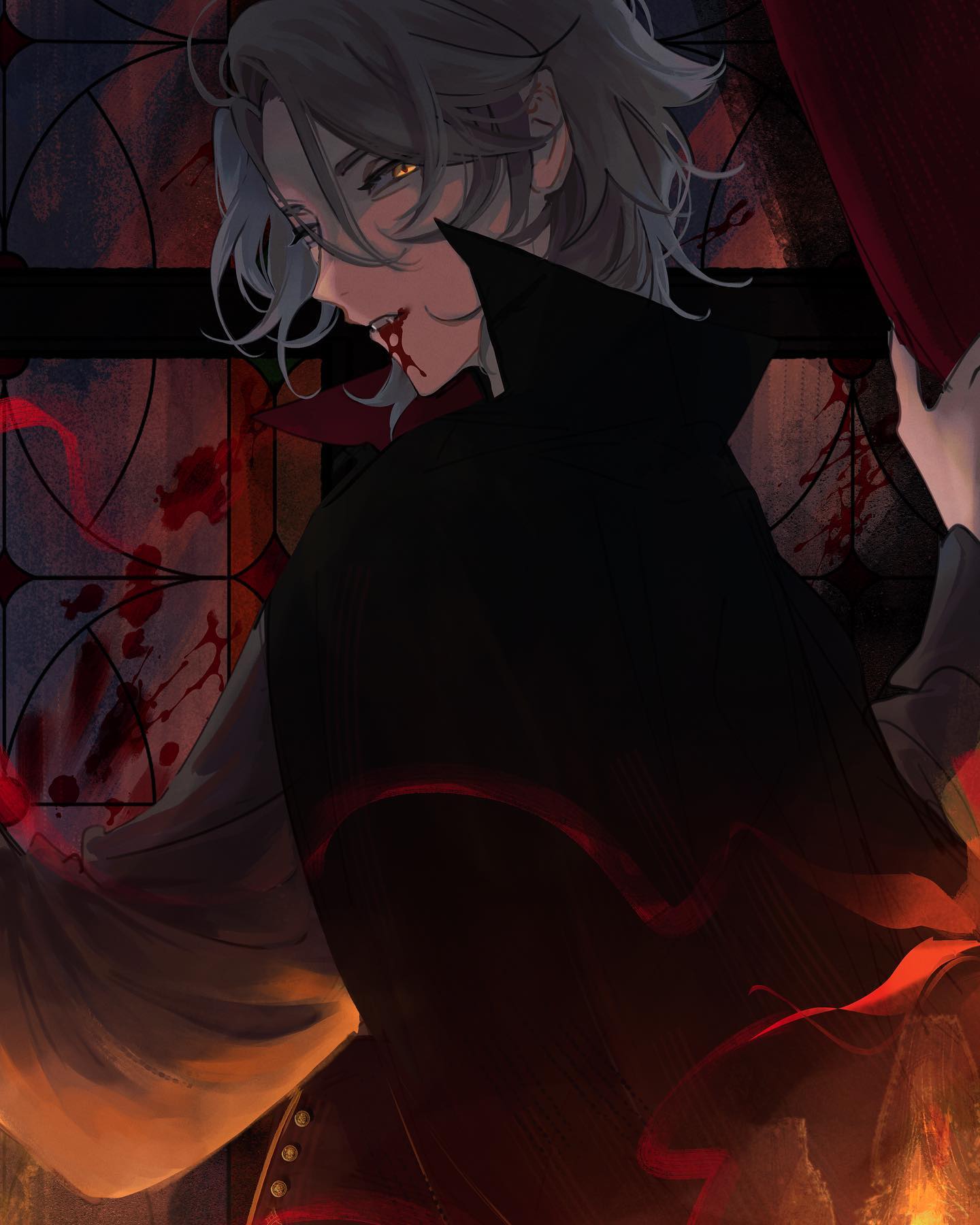 a waistup illustration of a young man with silver hair and golden eyes, drawn in a stylized, animeesque manner. he has a smear of blood on his lower lip, and his expression is subtly menacing. the man is clad in a dark, historicalinspired outfit with a long cape. red accents and gold buttons adorn his attire. he stands before a stainedglass window, partially obscured by a heavy red curtain which he holds aside. the window is splattered with blood, and flames lick at the bottom of the frame, casting dramatic shadows and reflecting in the character's eyes. the overall atmosphere is dark, mysterious, and evocative of vampire lore.