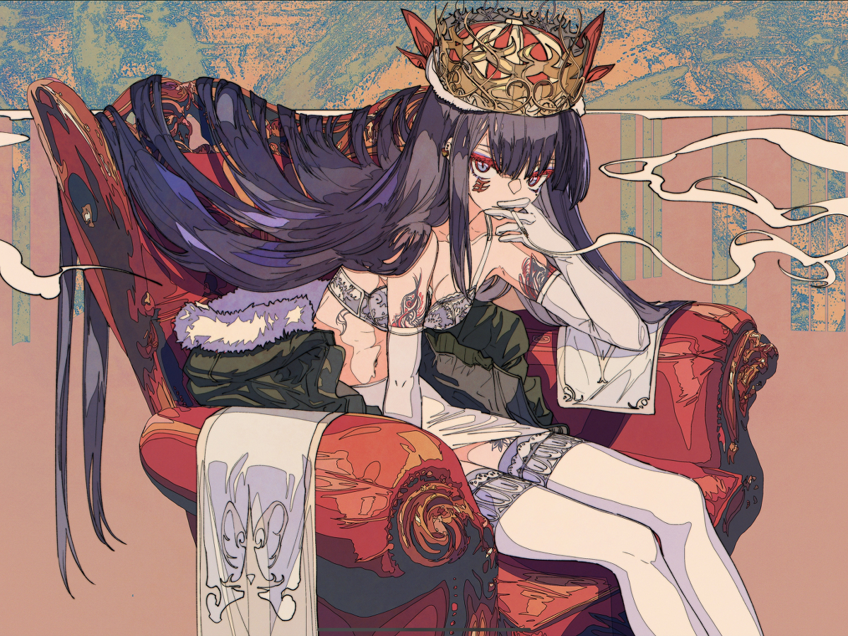 the image is a stylized digital illustration or artwork depicting a young woman, possibly an anime character, with long, dark purple hair.  she is seated regally on a large, ornate, red thronelike chair.  she wears a gold and red crown, a white dress or slip, white gloves and stockings, and appears to be smoking a cigarette. she has visible tattoos on her arms and torso. the overall style is vibrant and colorful, with a blend of realistic and fantastical elements. the background features a textured, abstract design in muted colors. the scene is suggestive of royalty, elegance and a touch of rebellion due to her smoking.