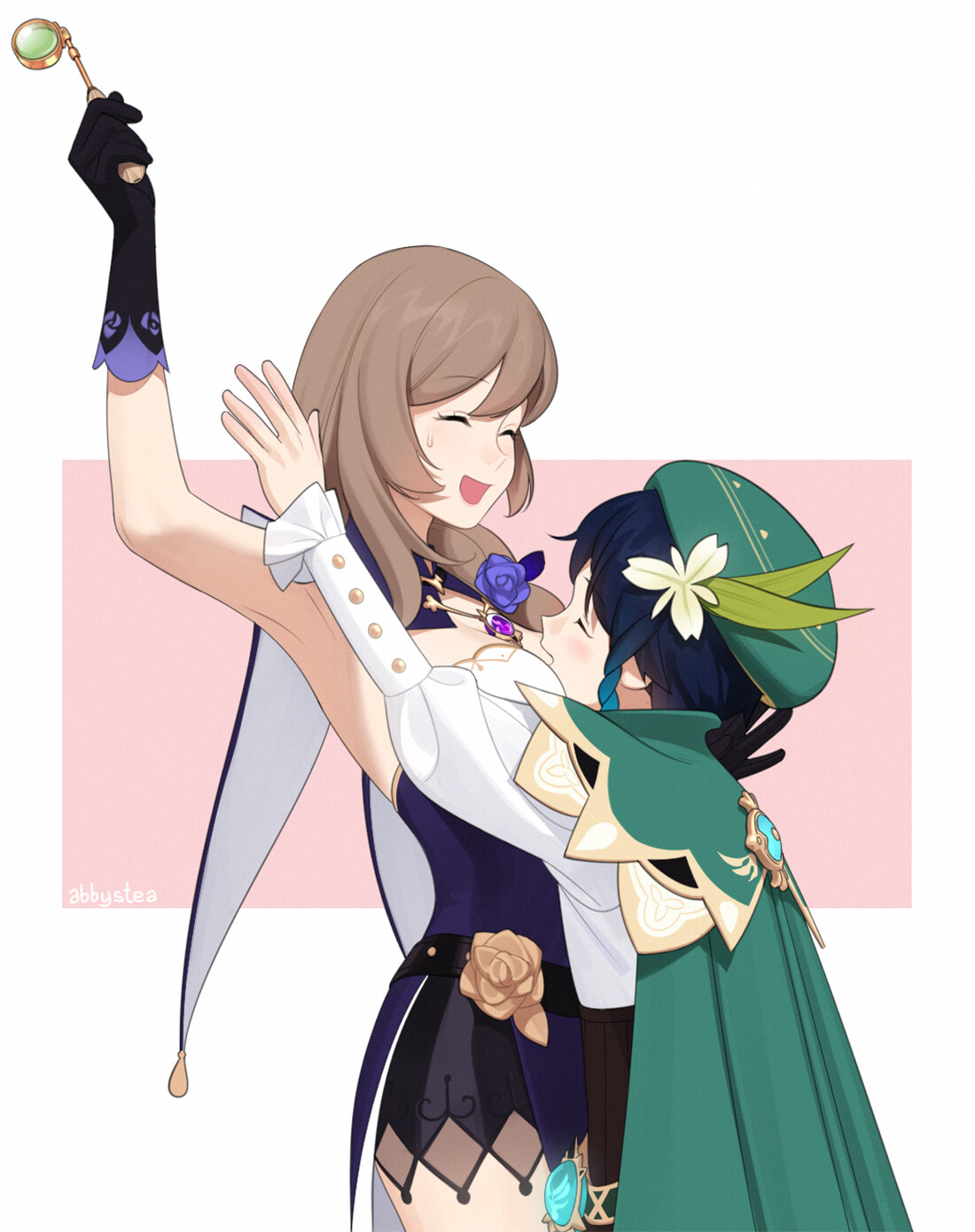 the image depicts a digital illustration of two female characters embracing, set against a pale pink background. the taller character, with brown hair and a playful expression, holds a magnifying glass aloft and wears a predominantly purple and white outfit with floral accents.  she embraces a shorter character with dark hair and a green outfit, who leans into the embrace with a shy smile. both characters appear to be inspired by the game genshin impact, with clothing details and accessories resembling characters from the game. the overall tone is lighthearted, joyful, and suggestive of a close bond between the two figures.