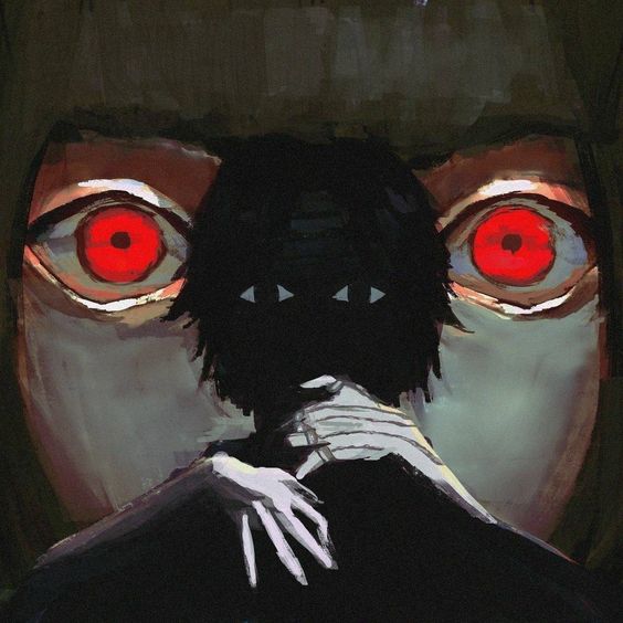 the painting shows two figures, one partially obscuring the other. the figure in the foreground is dark and featureless, with only their arms and the side of their head visible. they appear to be clutching the shoulders of the figure behind them. the figure in the background has pale skin and large, intensely red eyes that stare directly at the viewer. the background is dark and indistinct, adding to the unsettling and slightly sinister atmosphere.