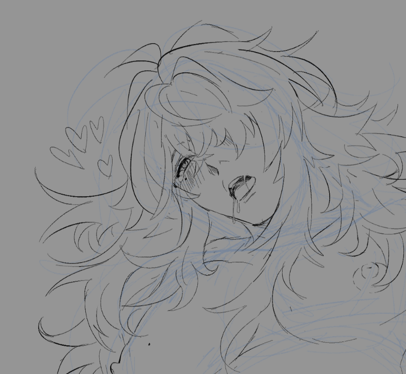 a black and white sketch of a woman with long hair in an anime style. she is