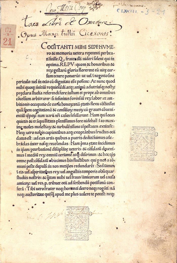 a page from a latin manuscript, the _de oratore_ of cicero, with the text in a beautiful, elegant script. the image is a closeup of the text, with the title at the top of the page. the page is a beautiful example of a medieval or renaissance manuscript, showing the care and detail that went into the creation of these books. it is also a testament to the enduring power of cicero's writings, which have been studied and admired for centuries.