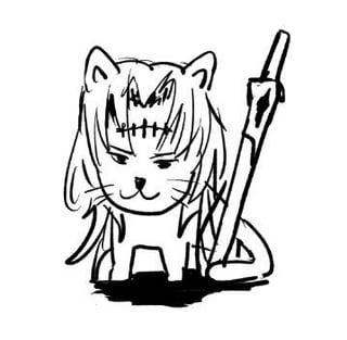 a black and white sketch of a cat girl with a katana. the cat girl has stitches on her forehead. the style is reminiscent of anime or manga.