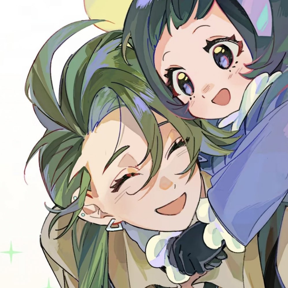 the image is a digital illustration of two young anime girls hugging and smiling at the viewer. the girl on top has short dark teal hair with blonde highlights, blue eyes, and a blue and white outfit. the girl on the bottom has long green hair, green eyes, and a tan jacket with a black shirt underneath. both have happy expressions with closed eyes and wide smiles. the background is a pale greenblue. the style of the illustration is bright, colorful, and cheerful.