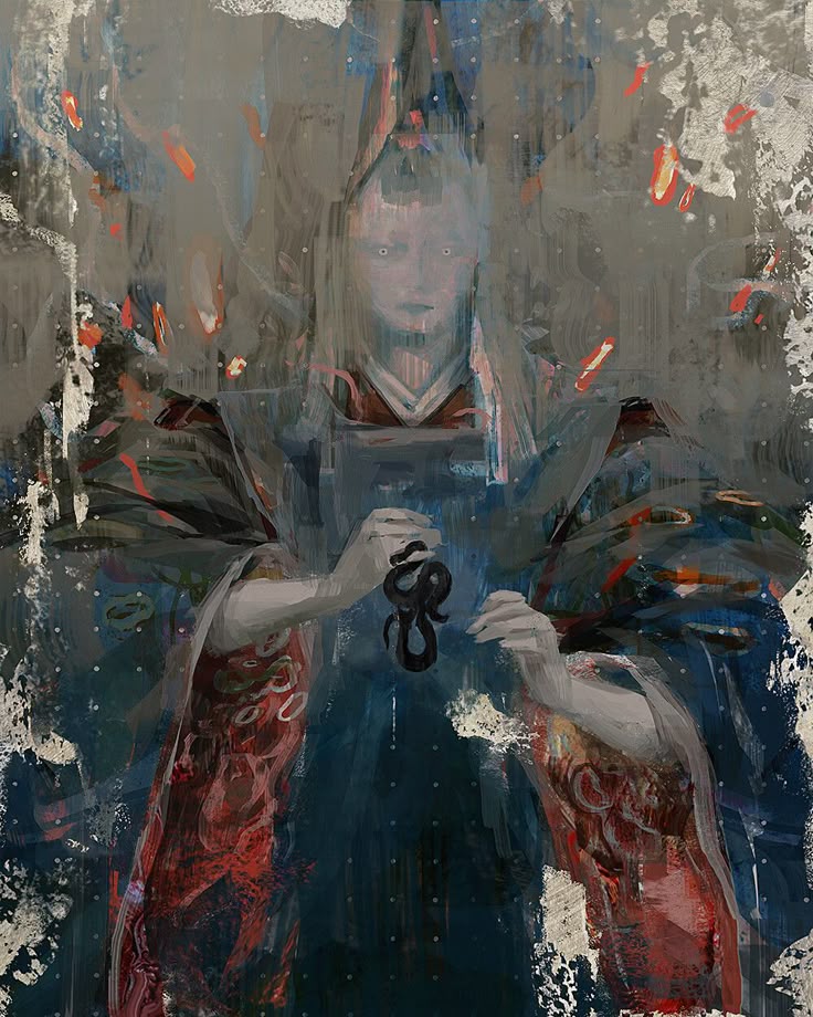 the image is a painting of a paleskinned woman with white eyes, wearing a kimono. she holds a small black snake in her hands. the painting style is loose and somewhat abstract, with a grey and blue background accented by red and black. the overall tone is unsettling and ethereal.