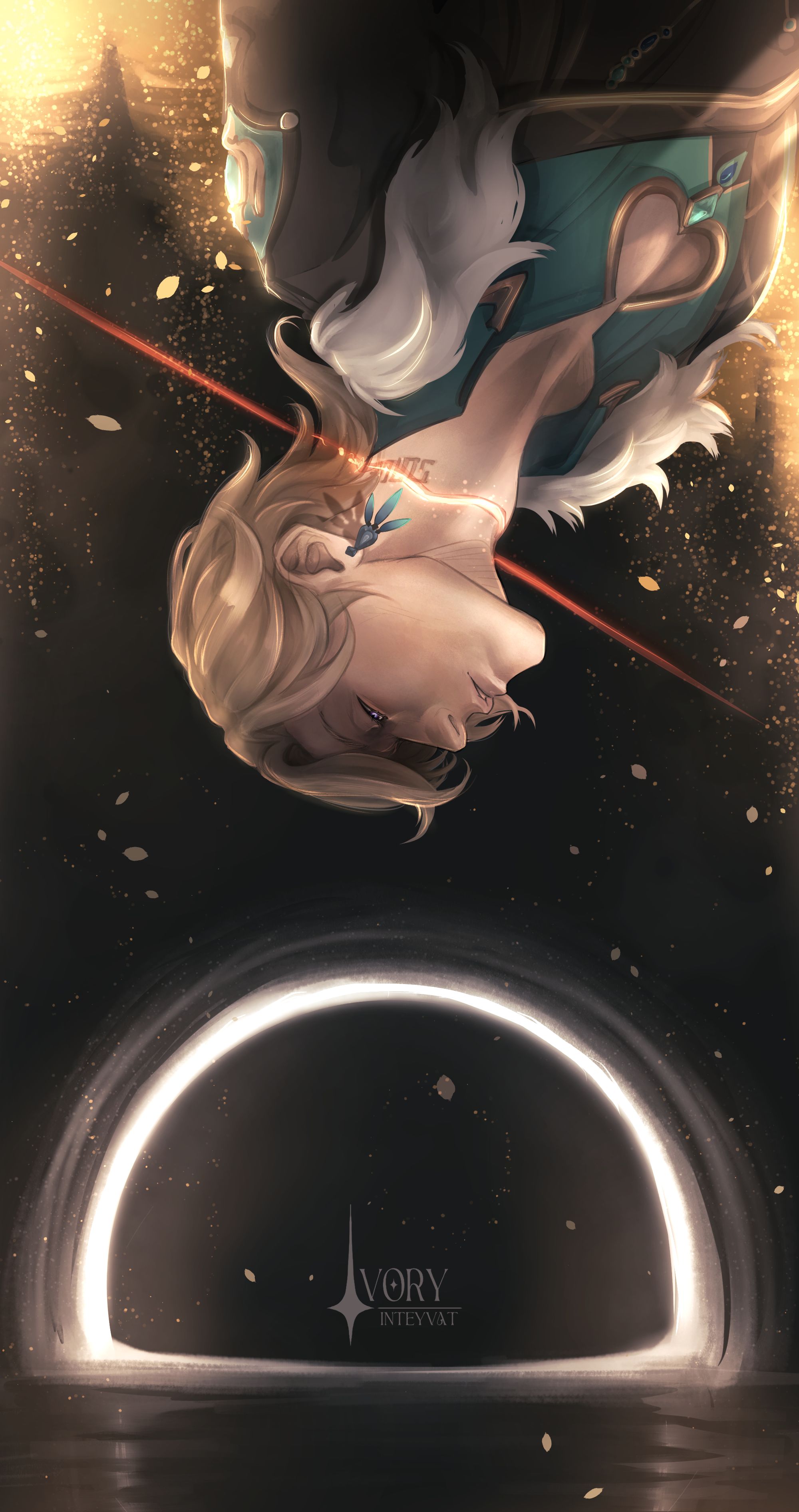 a female anime character is falling into space head first. her eyes are open but looking upward. she is falling into a black hole surrounded by stars. the image is set against a dark background.
