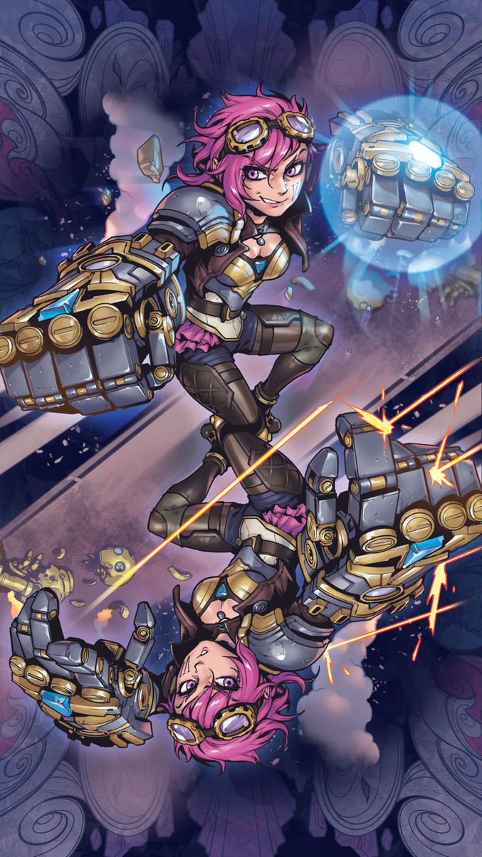 this image shows a pink haired anime girl in a futuristic mech suit. she is wearing goggles and looks determined as she fights with giant robot hands. the scene is set in a futuristic space environment. the image is drawn in a digital art style and conveys action and power.