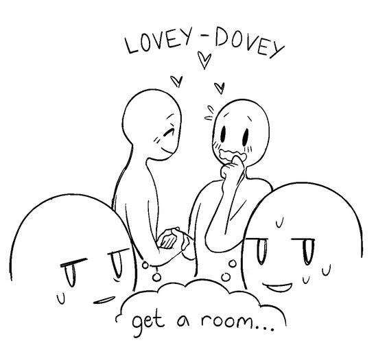 a drawing of 3 people, two of them holding hands, with a thought bubble above the third saying "get a room."  all three are drawn in a simple cartoon style, with large eyes, and without noses or mouths.  the couple is drawn with heart eyes, hearts above their heads, and their hand in a loving gesture.  the third person is smiling with furrowed eyebrows.   this drawing is a play on relationship dynamics.