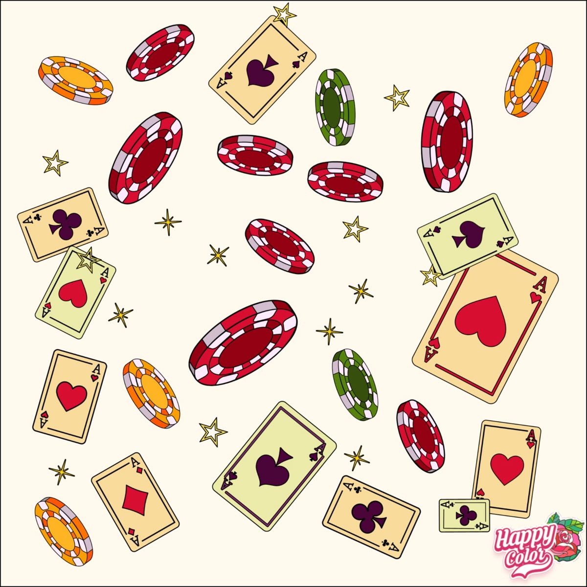 the image shows a pattern of playing cards, poker chips, and stars on a beige background. there are several playing cards, all of which are aces. the aces are of hearts, spades, clubs, and diamonds. there are also several poker chips in red, green, and orange. scattered throughout the image are small gold stars. the overall impression is one of gambling and casino games.