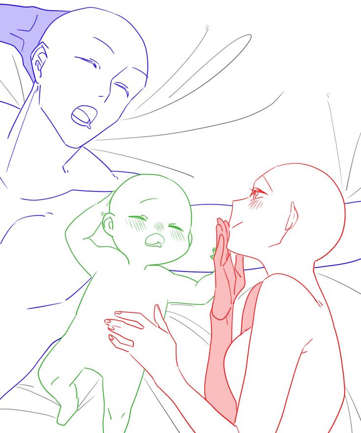 an anime base image showing a mother looking at her baby with another woman, the baby is laying in the mother's arms. all of the characters are in a bedroom setting.