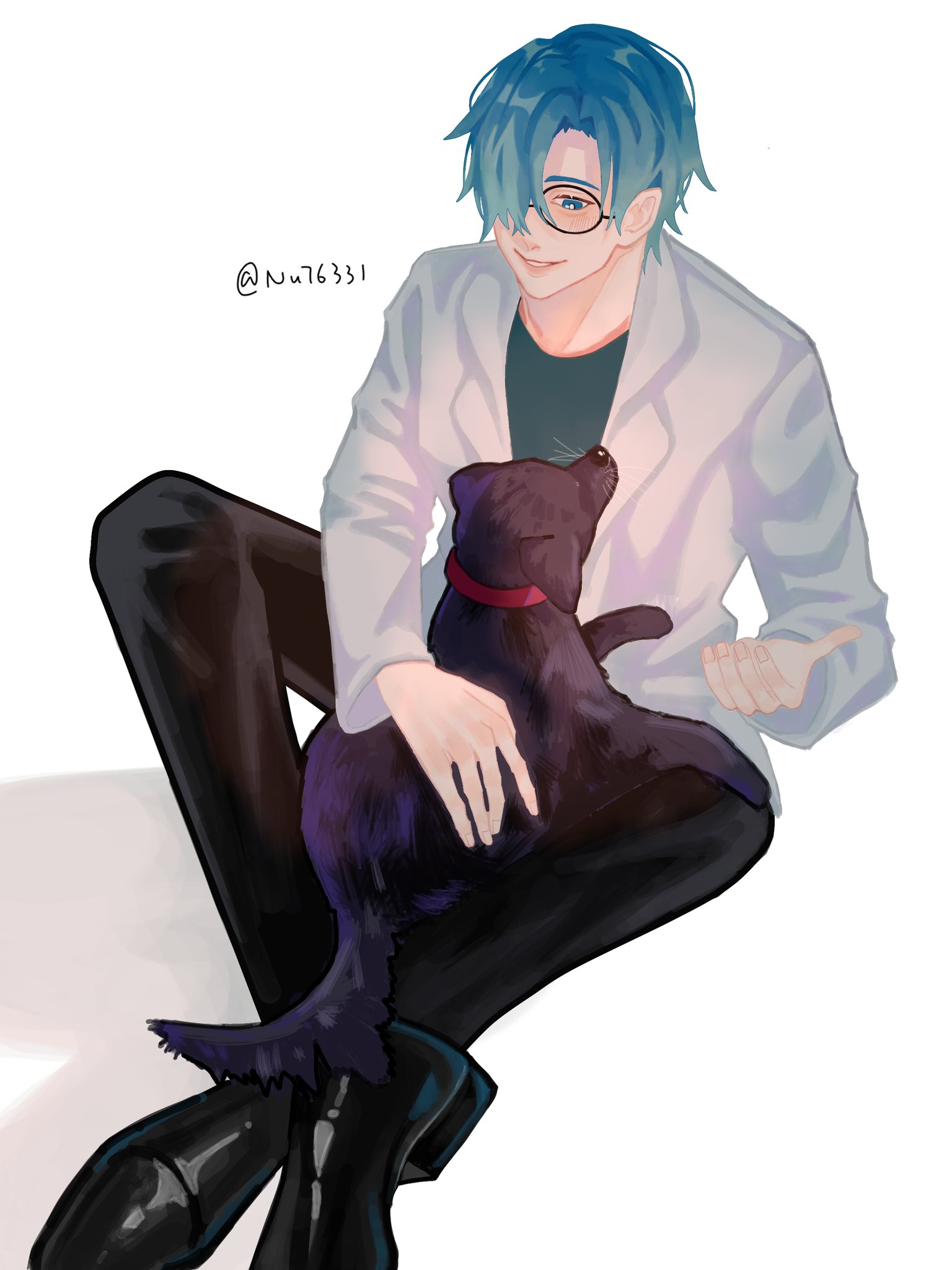 the image depicts an anime character, a young man with blue hair and glasses. he's wearing a white jacket and black pants and black shoes. he's smiling and sitting on the floor while holding a black cat in his arms. the background is a white color.