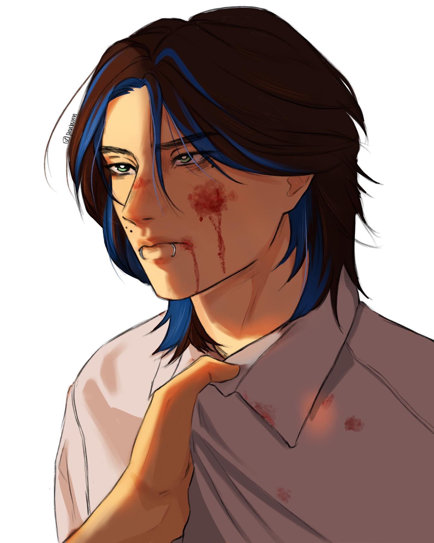 the image is a digital drawing or painting in an anime/manga style. it depicts a closeup portrait of a young man with dark hair highlighted with blue streaks. he has several visible injuries, including bruises and bloody scratches on his face and shirt.  his expression is somber and he appears to be in pain. a hand is shown reaching up to his collar, possibly offering help or support. the overall mood is dramatic and intense. the background is plain white, focusing attention entirely on the character. the style suggests a focus on emotional impact rather than detailed realism.