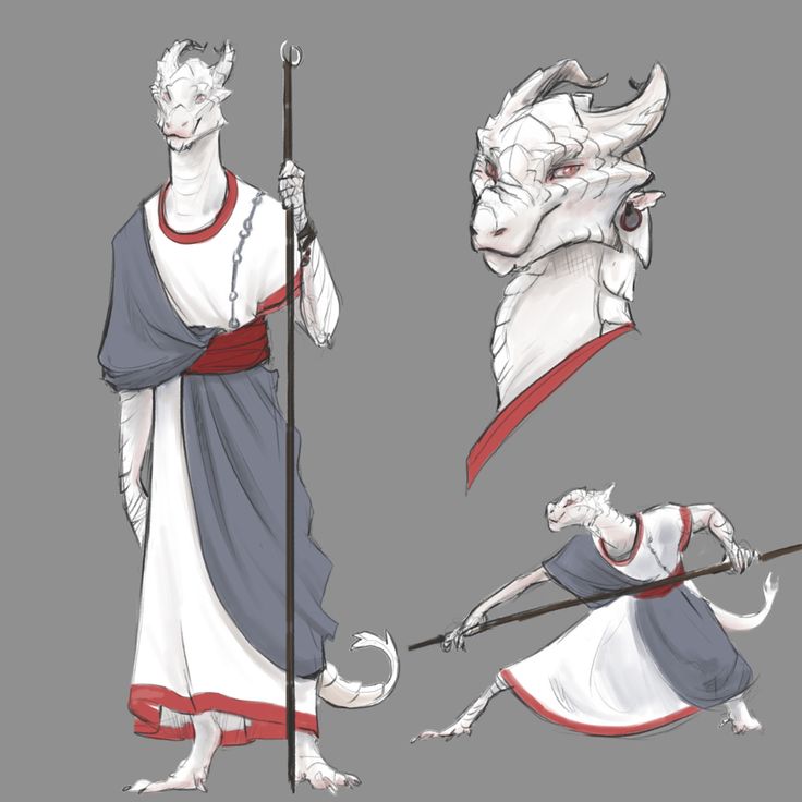 this illustration depicts a white humanoid dragon creature in three different poses. the first pose shows the creature holding a spear, with a red and blue outfit. the second pose is a closeup of the creature's head. the third pose is a more dynamic one where the creature is shown holding a spear in a fighting position. the artwork is done in a light, sketchlike style.