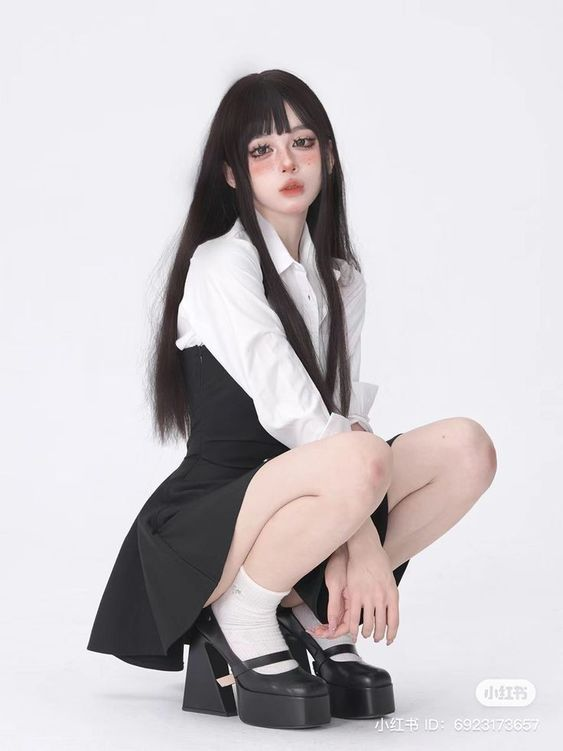 a young asian woman with long black hair and bangs poses in a studio setting. she is wearing a white collared shirt underneath a black dress and black platform mary jane shoes. the image has a soft lighting and an eyelevel perspective, highlighting the woman's stylish attire.
