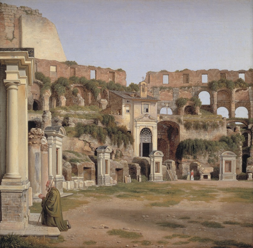 a painting depicting a monk kneeling in prayer within the ruins of the colosseum in rome. the scene is set outdoors with ancient architectural elements like arches and crumbling walls surrounding a grassy area. the monk, dressed in a green robe, is positioned near a set of architectural columns. the ruins are partially covered with vegetation, and the sky is visible in the background. a few mausoleums dot the area.