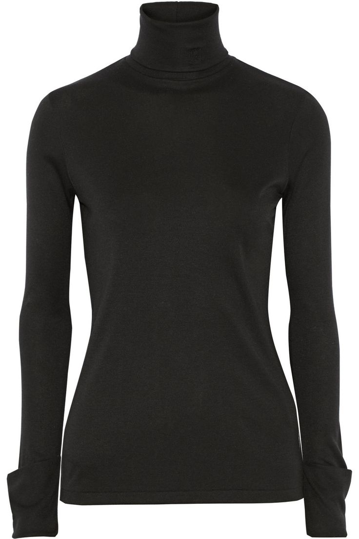 a black turtleneck longsleeved top is displayed on a white background. the top has a high neckline that extends into a collar, and the long sleeves end in a cuff with a small slit. the top is formfitting and made of a soft, stretchy material.
