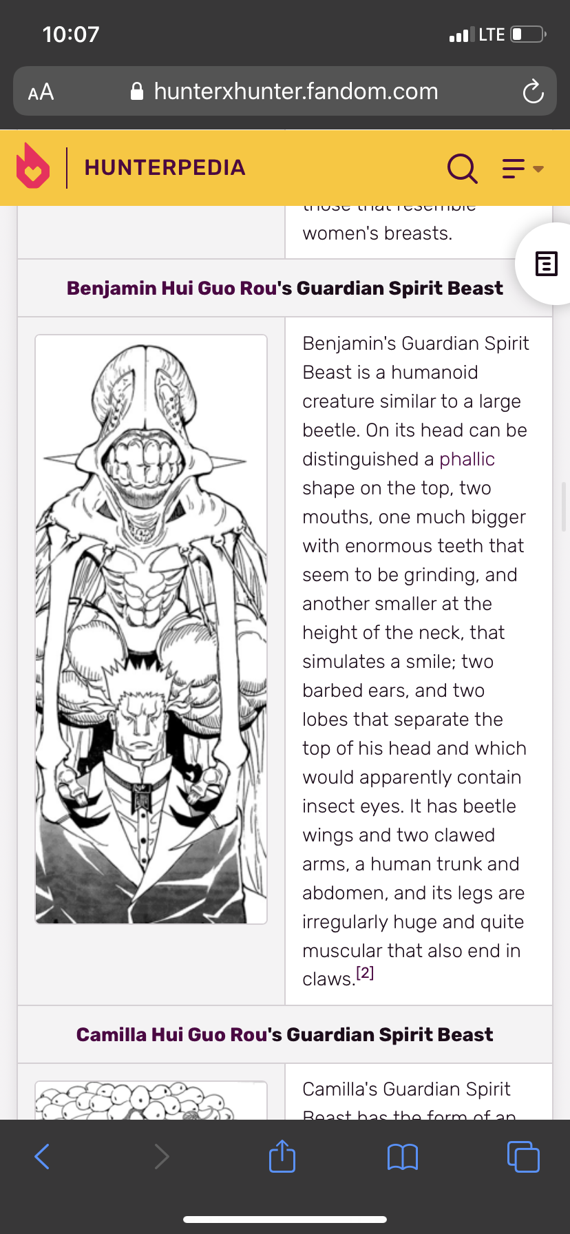 a screenshot of a website on a phone. the website is about a manga called hunter x hunter and the page is about a character's guardian spirit beast. the beast is a humanoid beetle with large teeth and claws.