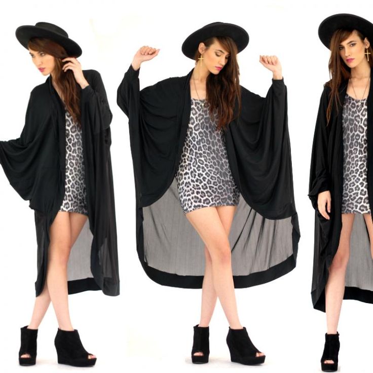 a composite image of a woman modeling a fashion outfit. she is wearing a black hat, a leopard print dress, a black cardigan, and black wedge heels. she is also wearing cross earrings. the image is repeated three times with the woman in different poses. the background is white.