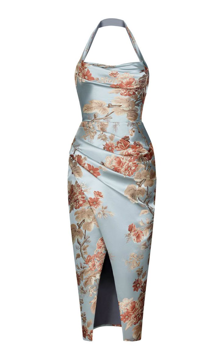 a light blue satin bodycon midi dress with a floral pattern, cowl neck, halter neckline, and a slit.