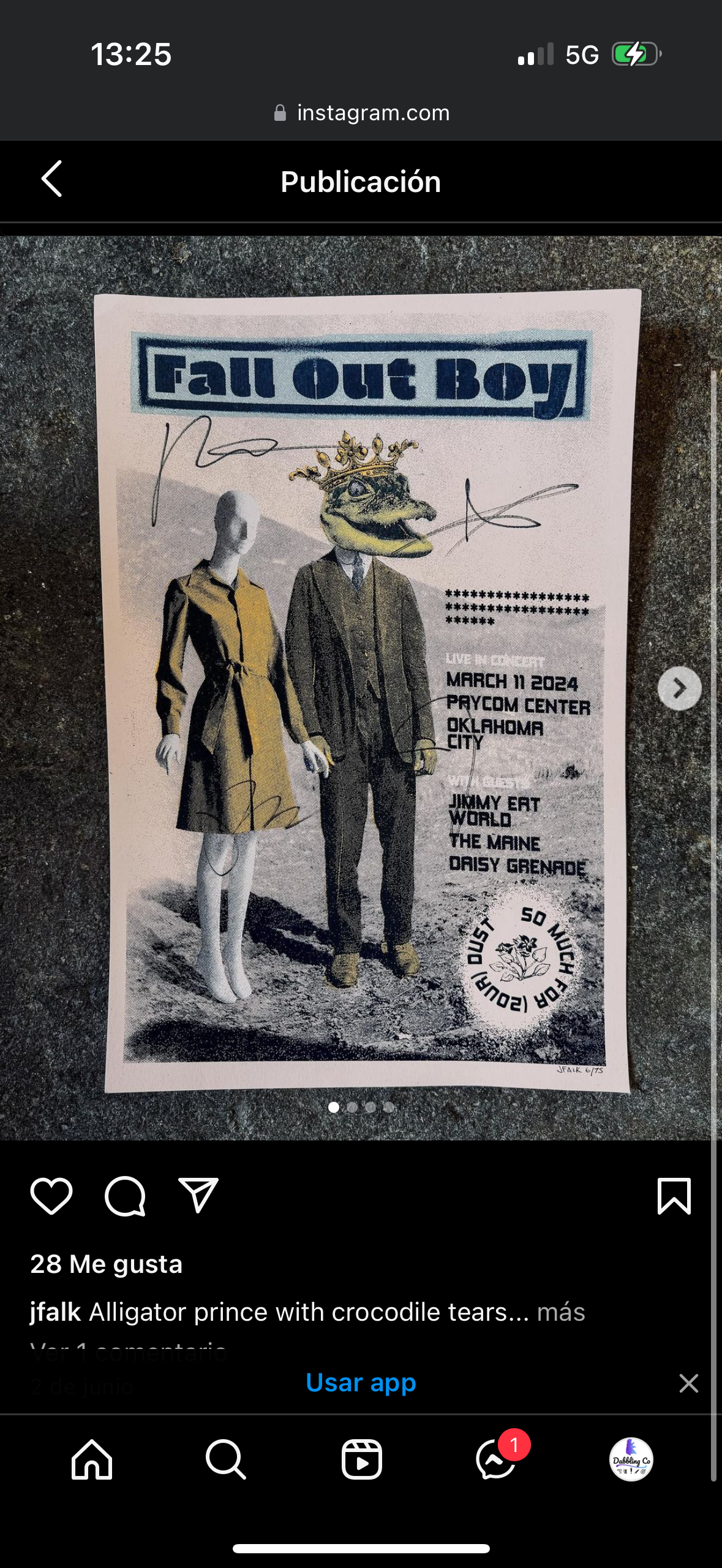 the image shows a poster for a fall out boy concert on march 11, 2024 at the prycom center in oklahoma city. the poster also lists the supporting acts, jimmy eat world, the maine, and daisy grenade. the poster features a drawing of a crocodile wearing a hat and sunglasses, standing next to two humans, likely representing the band members. the poster is designed with a grunge style look to reflect the music genre of the band.