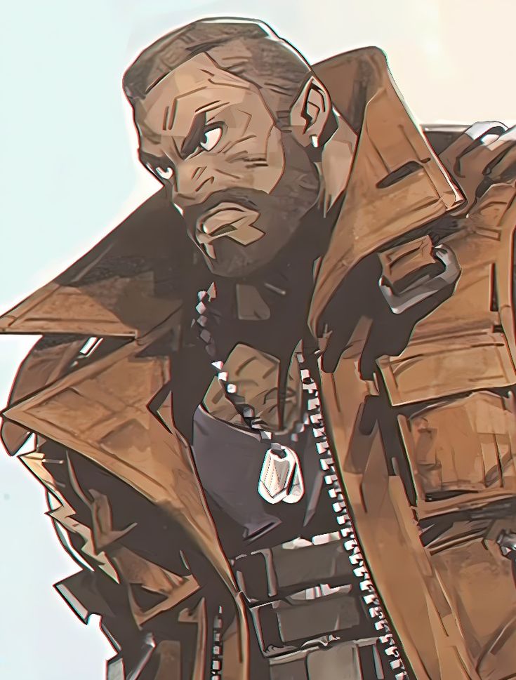the image is a digital illustration or artwork depicting a closeup portrait of a male character. he appears to be a hardened, muscular individual with dark skin, a short beard and stubble, and noticeable scars on his face. he is wearing a long, brown, militarystyle coat with various pockets and straps.  a necklace with dog tags is visible around his neck.  the character's expression is serious and intense, his gaze directed slightly away from the viewer. the art style is stylized, blending aspects of anime or graphic novel aesthetics. the overall mood is gritty and perhaps suggestive of a video game character.