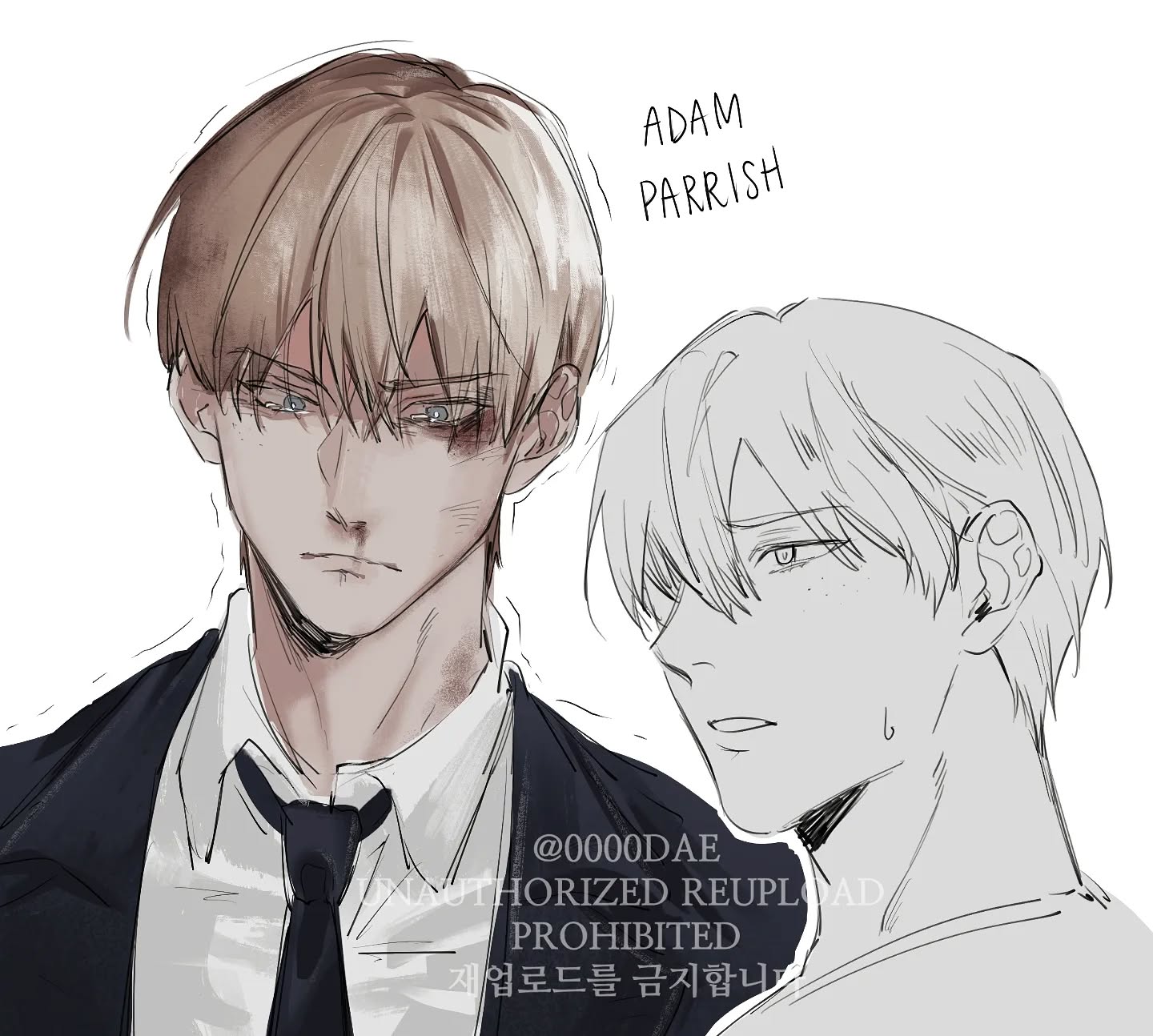 the image contains a digital drawing of two young men. the one on the left is a detailed colored portrait of a young man with blond hair and a bruised face, wearing a suit and tie. he is labeled "adam parrish". the one on the right is a sketch of a man with short, lightcolored hair, whose face is partially visible, and is not labeled.  the artist's watermark is present. the style is reminiscent of anime, manga, or webtoons.