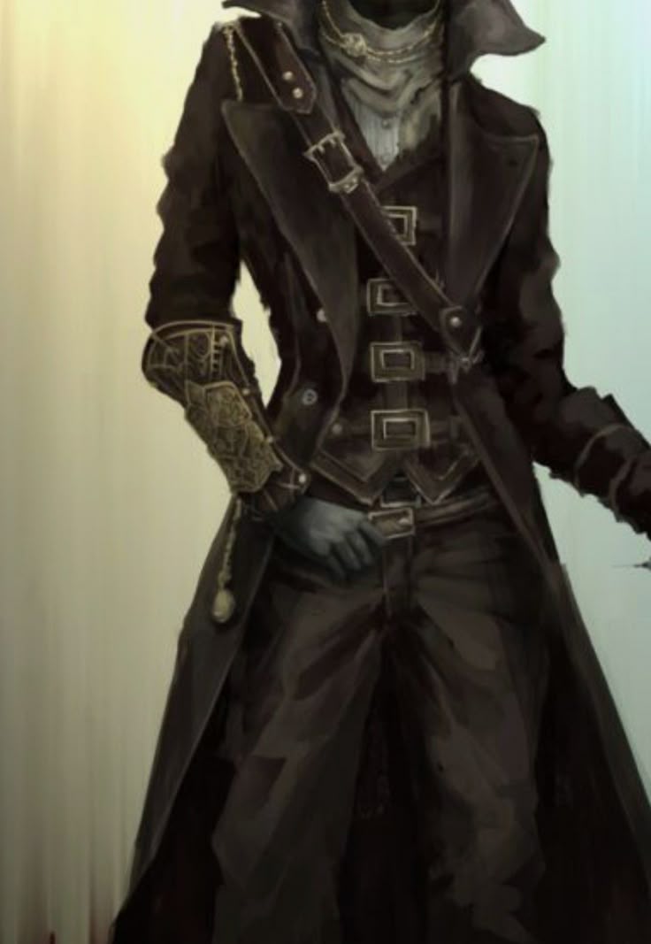 a figure, seemingly a male, stands clad in a long, brown coat. the attire suggests a blend of fantasy, video game, and steampunk aesthetics, with elements reminiscent of the victorian era. details include gears, an intricate arm cuff, and various accessories and straps with buckles.