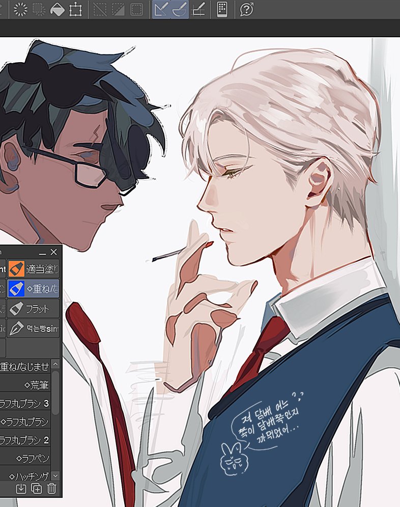 the image shows a digital artwork in progress within the clip studio paint software.  the artwork depicts two animestyle male characters in close proximity.  one character has dark hair and glasses, while the other has light blonde hair. the blondehaired character is holding a cigarette. the image clearly shows the art software's interface, including various tools and brush settings in the sidebar and a portion of the canvas. korean text is visible on the blonde character's vest. the overall style leans towards a soft, slightly romantic or melancholic mood. the artist is seemingly in the process of blending colors and refining details.