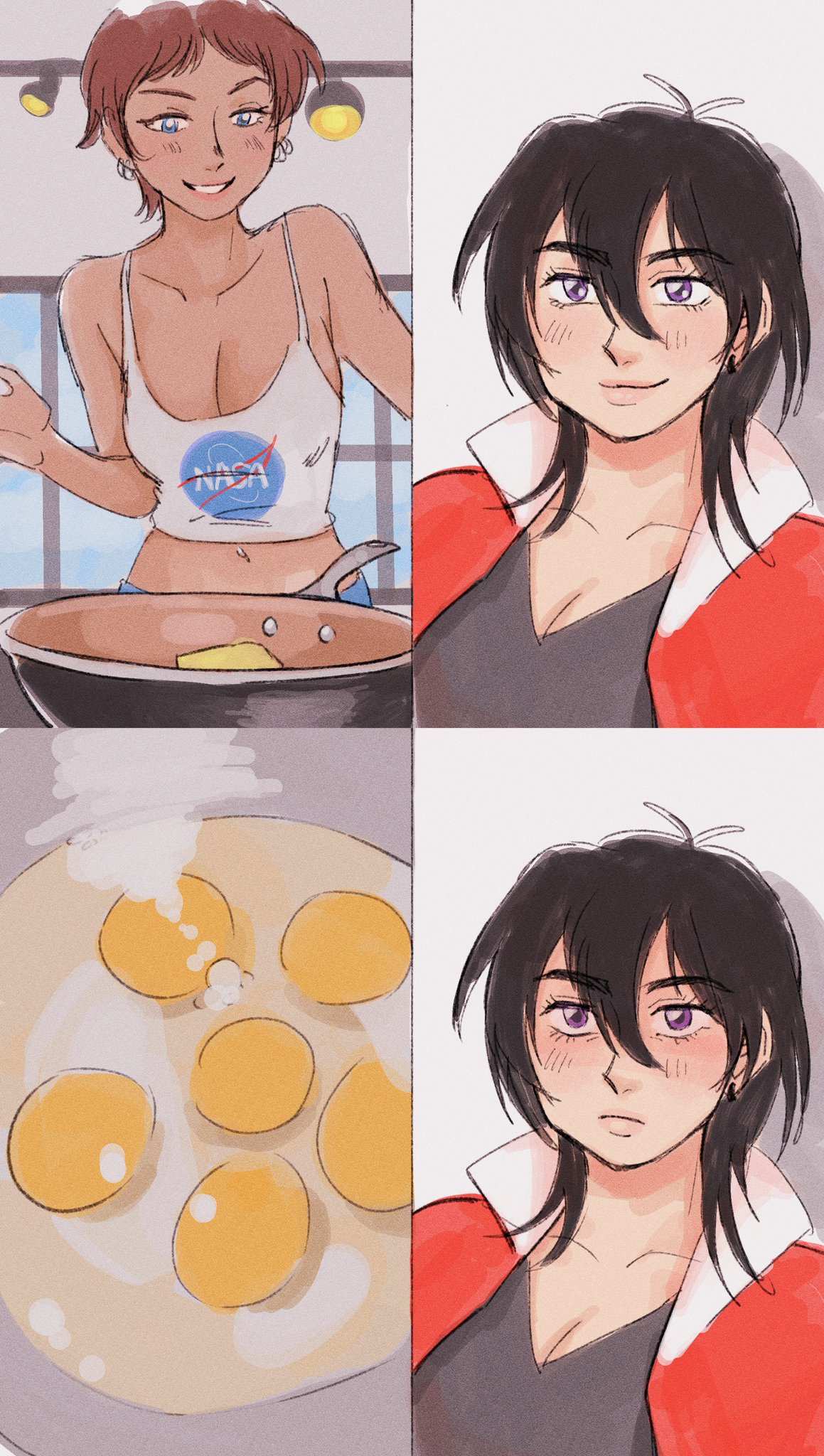 the image is a fourpanel meme. the top left panel features a cartoon woman with blonde hair cooking in a kitchen, wearing a white tank top with the nasa logo.  the top right panel features a cartoon woman with long black hair, wearing a red jacket with a serious expression on her face. the bottom left panel features a frying pan with multiple eggs in it. the bottom right panel shows the same woman from the top right panel with an expression that is a mix of disgust and embarrassment. the meme suggests that the woman in the red jacket is repulsed by the woman in the white tank top and her cooking skills.