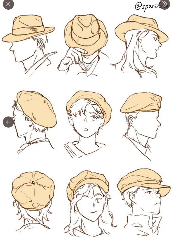 this is a drawing of nine animestyle characters with different styles of hats. the drawing is a simple line drawing with no color. the characters are all facing forward or to the side. there are three different hat styles: a fedora, a beret, and a cap. there are three characters for each style of hat. the characters are drawn in a simplistic style, with minimal detail in their features. the drawing is done on a white background and the characters are sketched with a brown pen.