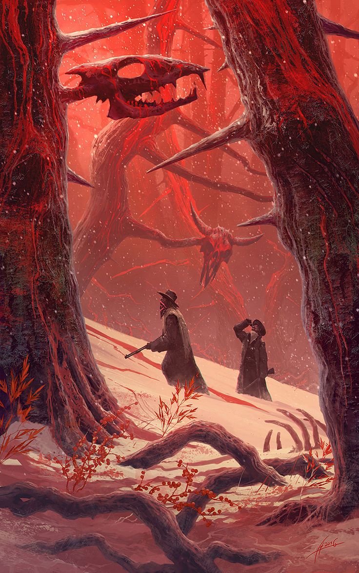 a frightening fantasy scene with a monstrous skulllike creature with sharp teeth and horns lurking within a crimsonred forest, two figures in dark coats, one holding a rifle, walk away from the creature, facing away from the viewer as they navigate the snowcovered ground. the scene is filled with a sense of impending danger and dread, suggesting a confrontation with something sinister.