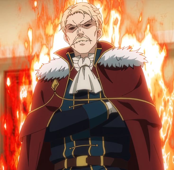 an anime character, a male with black hair, a serious frown, a large mustache, and a beard, is wearing a suit jacket, a red cape, and a gold belt. the image background is on fire, with flames surrounding the character. he looks very intense and powerful.