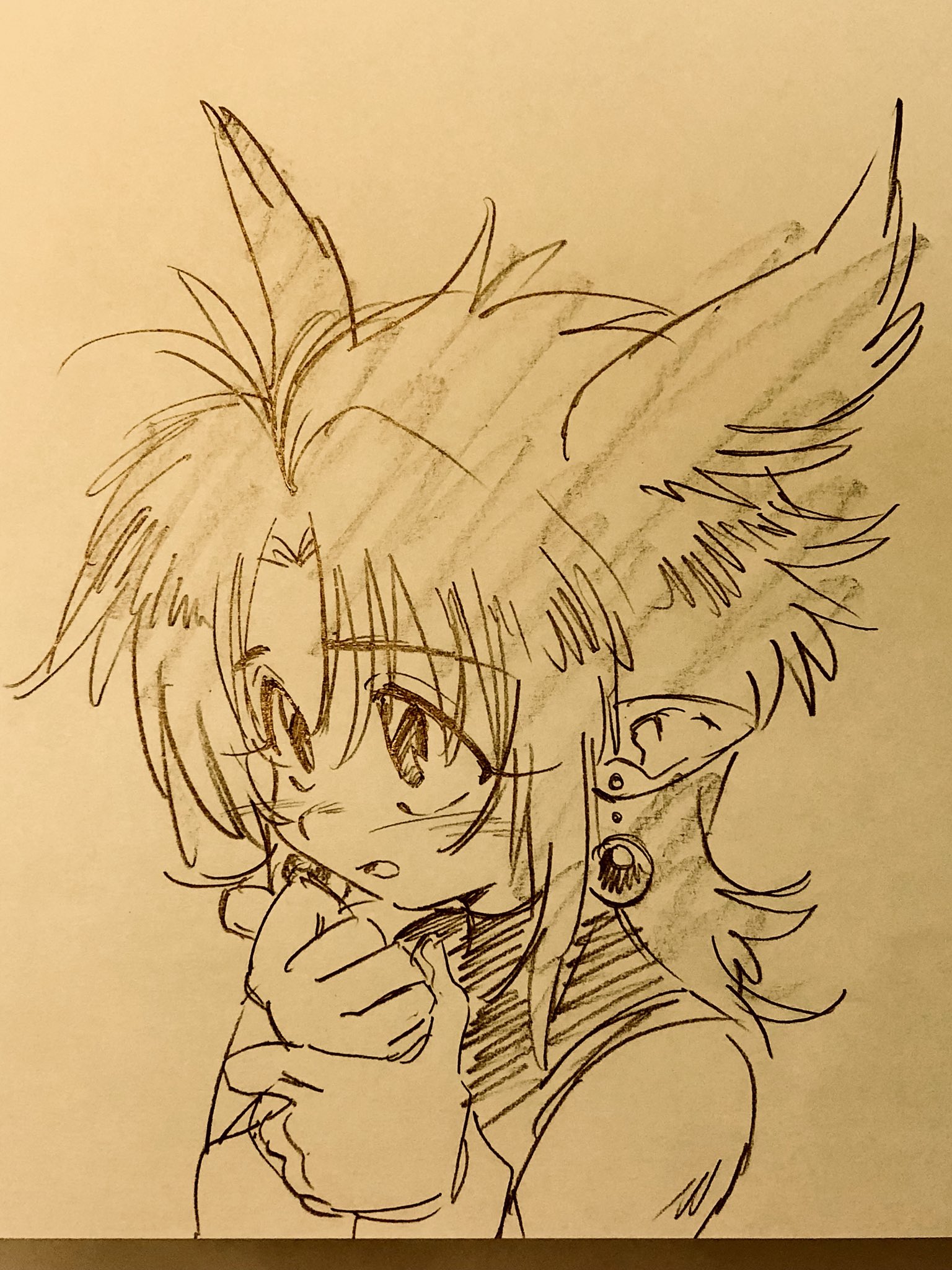 a sepiatoned sketch of an animestyle elf with long hair and pointy ears, gazing thoughtfully with a finger to their lip. they have an earring with a circular design. the drawing style is reminiscent of classic manga.