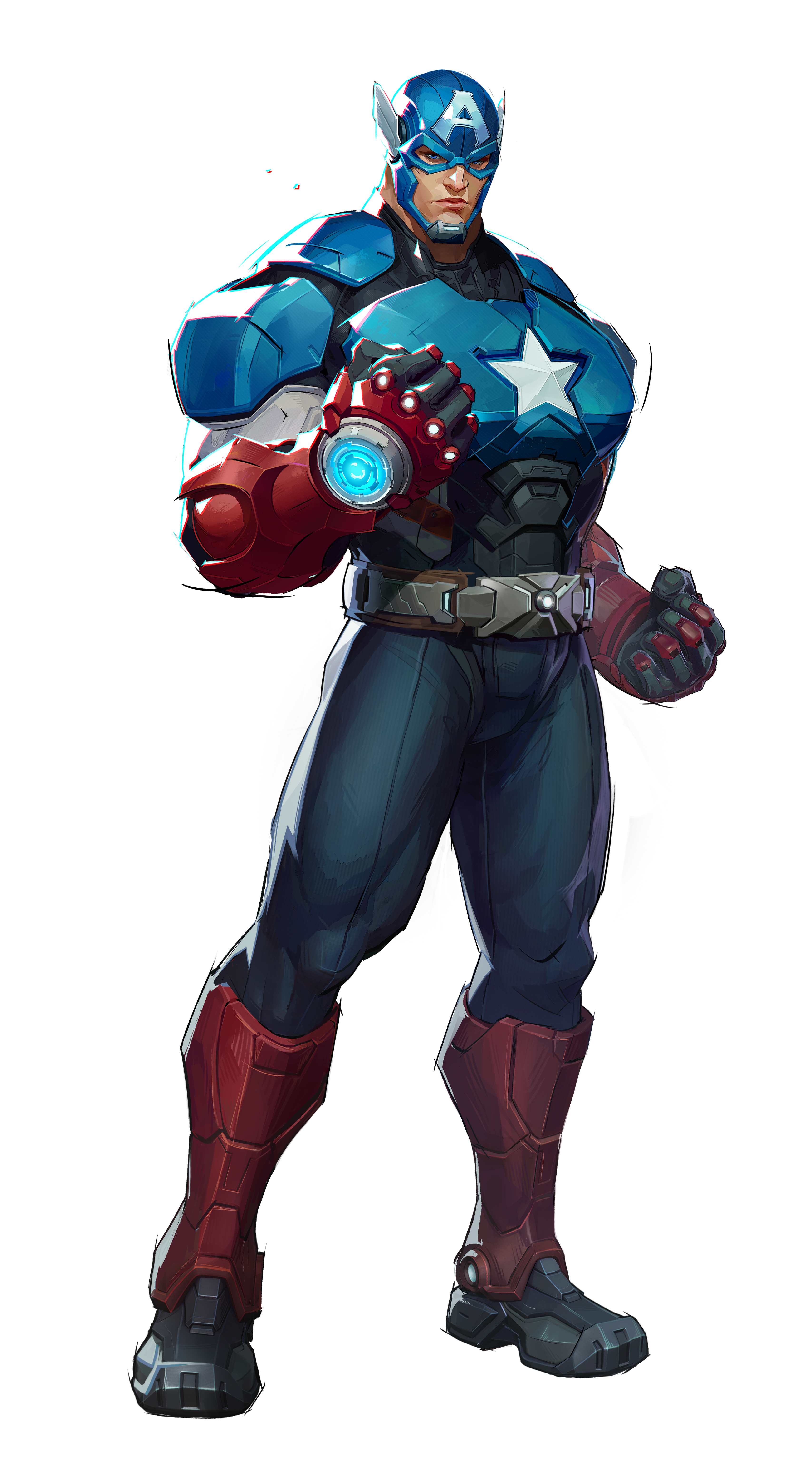 a fullbody image of captain america in a futuristic armor. he is standing and has a blue, red, and white suit with a star emblem on his chest. his right hand has a glowing blue energy effect.