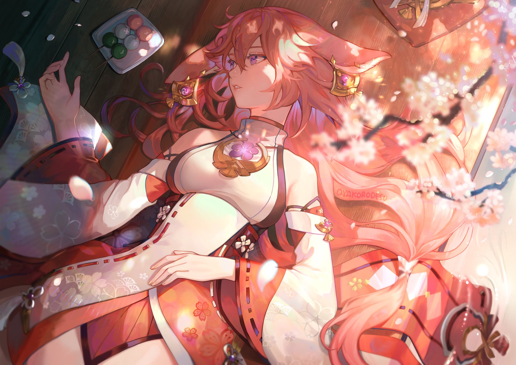a pink haired anime girl wearing a red kimono with cherry blossom designs is laying on the floor. there are cherry blossoms falling around her and she is surrounded by other elements of japanese culture. the art is done in a digital illustration style and has a whimsical, fantasy feel.