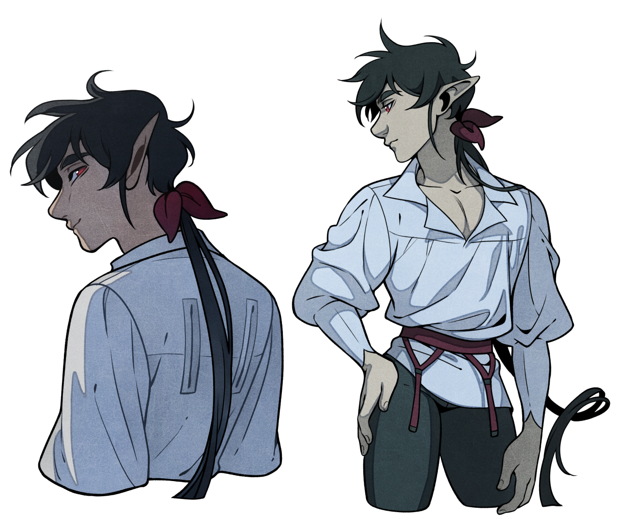 the image showcases two views of the same male elf character, likely a concept design. he has dark, windswept hair, pointed ears, and wears a loose, pale blue shirt with rolledup sleeves. a red sash is tied around his waist, and a matching red ribbon adorns his hair. he appears youthful with a somewhat brooding expression. the style is reminiscent of animation or comic book art.