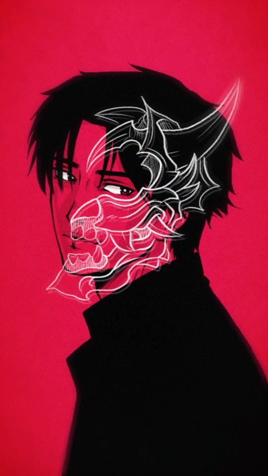 the image is a stylized digital illustration or painting of a young man's portrait.  the subject has short, dark hair and a serious expression.  overlaid on his face is a semitransparent, white line drawing of an oni mask (a traditional japanese demon mask). the mask design is detailed and incorporates sharp, angular features.  the overall color scheme is high contrast, with a vibrant red background that accentuates the black silhouette of the figure and the white lines of the mask. the artwork has a dark, slightly menacing tone, but with a stylish and graphic appeal.