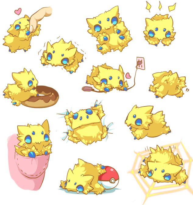 the image is a collection of cartoonlike drawings featuring the pokémon togedemaru in various cute scenarios. one is being petted, another is around a donut, and one is in a pocket. some are interacting with objects like a pillow, a poké ball, a charger, and a spider web.