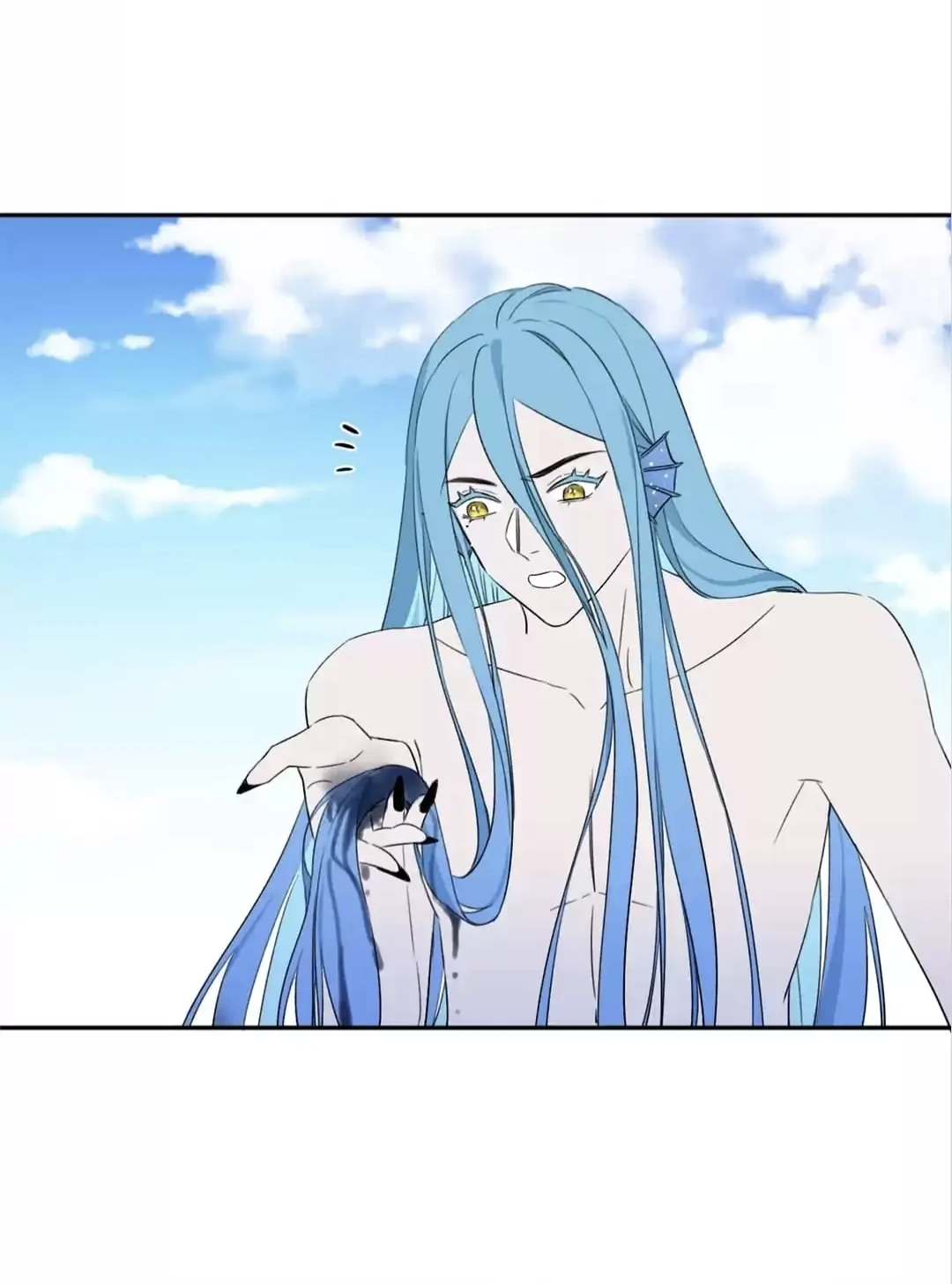 he image shows a closeup illustration of a male merman character from a manga or anime. he has long, flowing light blue hair, and his skin is pale. he is barechested, and his expression is one of surprise or shock. his hand is holding a dark, almost inklike substance that is dripping. the background is a light blue sky with some clouds. the art style is clean and smooth, with welldefined lines. the overall tone is light and dreamy.