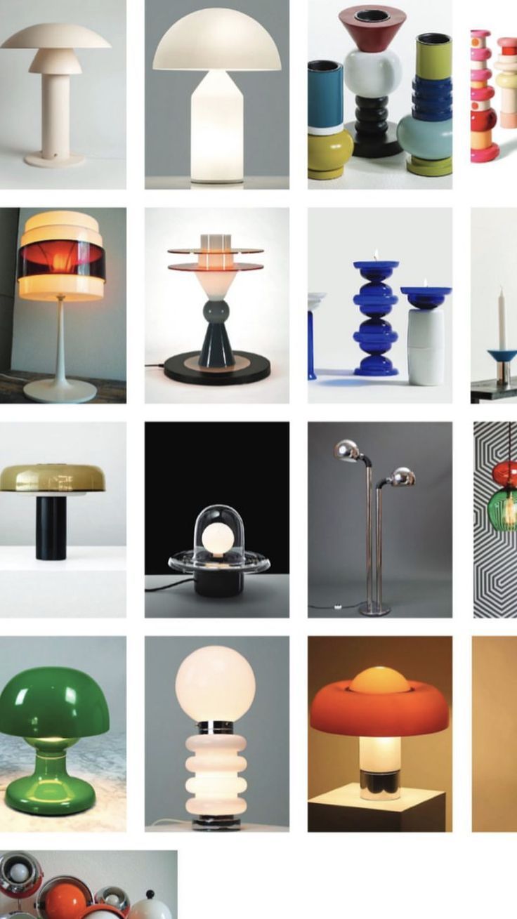 he image is a collage showcasing a diverse collection of lamps, primarily table lamps and a couple of floor lamps. the styles range from midcentury modern and retro designs to more contemporary pieces. the lamps vary greatly in their materials, colors, and shapes. some are sleek and minimalist, while others are more playful and colorful.  many feature acrylic, glass, and/or colored elements. the overall aesthetic suggests a focus on unique and stylish lighting options.