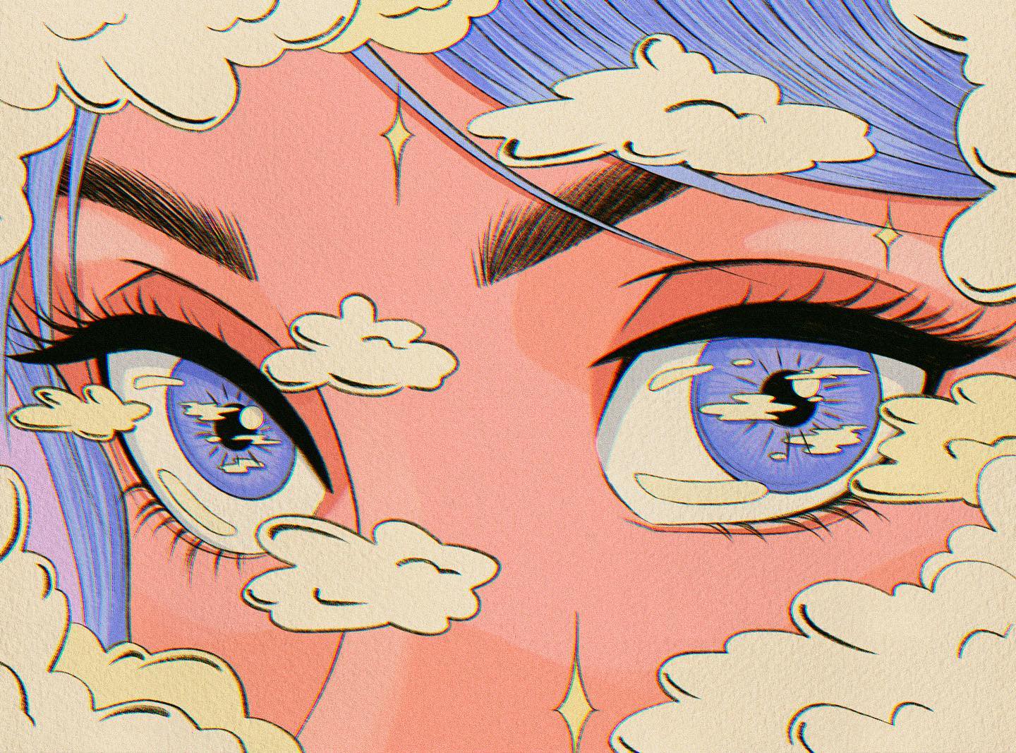 a closeup illustration of a stylized anime girl's eyes. the eyes are large and expressive, with purple irises that reflect clouds. the girl's hair is a light purple, and there are clouds surrounding her eyes and hair. the overall style is pastel and dreamy, with a retro or vintage feel. the image is vibrant and detailed, with a focus on the girl's eyes and the clouds that surround them.