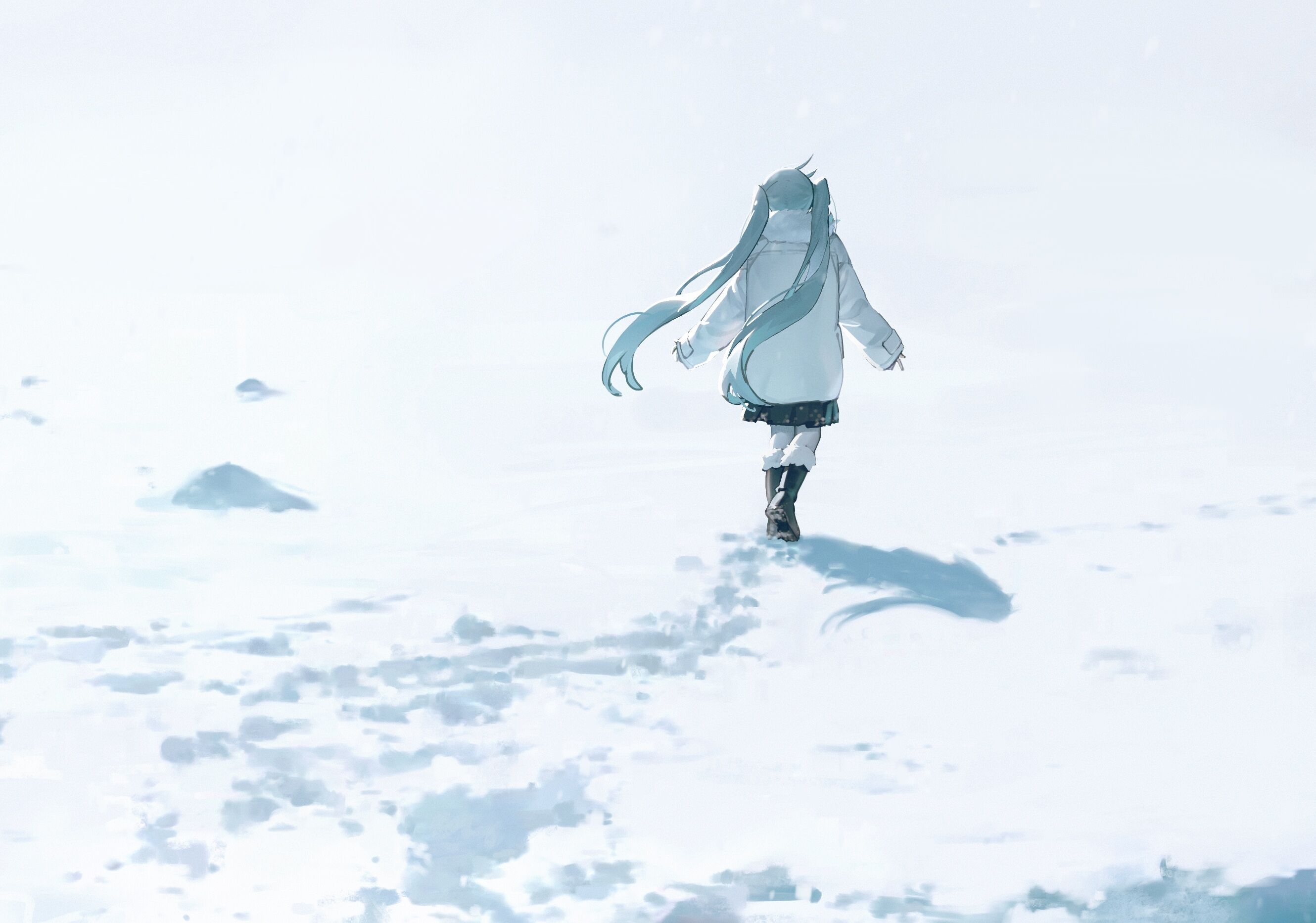 the image features a girl, possibly hatsune miku from an anime, walking away in a snowy landscape. she is seen from the rear, wearing a white coat, boots, and what appears to be a skirt. the girl has blue twintails, characteristic of hatsune miku. the ground is covered in snow, with footprints visible behind her. the overall atmosphere is wintery and somewhat desolate.